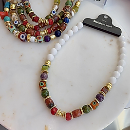 Beyaz Boncuk Kombinli İri Doğal Taş Kolye