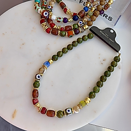 Yeşil Doğal Taş Kombinli İri Boncuk Kolye