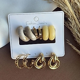 Sarı Halka Kombinli Küpe Seti